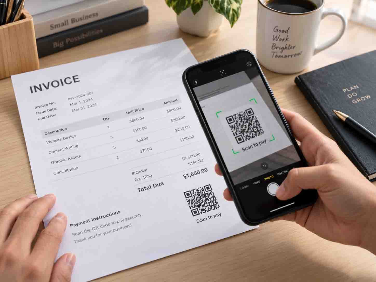 Customer scanning a QR code on a printed invoice with a smartphone to make a quick online payment.