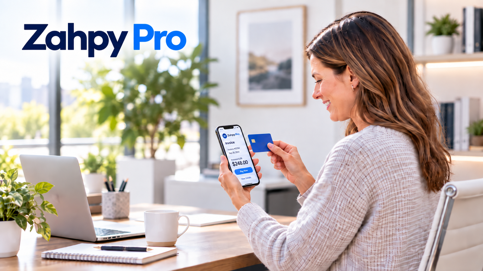 Customer paying a Zahpy Pro invoice on her smartphone with a credit card from a modern office.