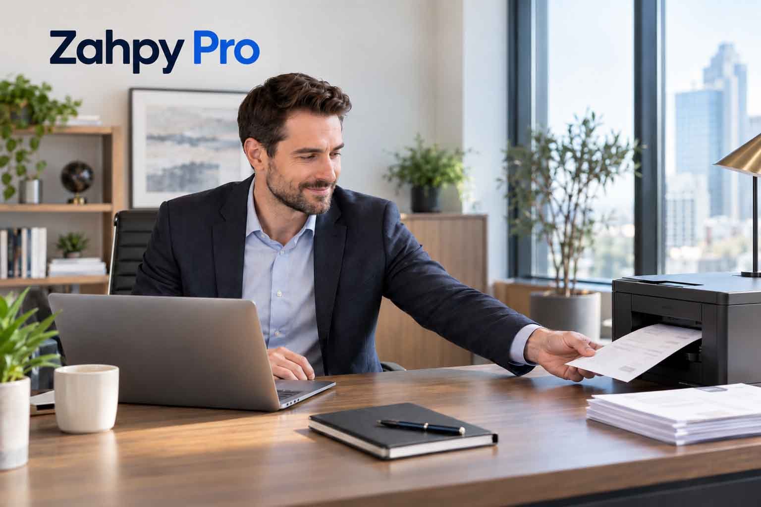 Business executive printing a professional invoice from his office desk using a laptop and desktop printer.